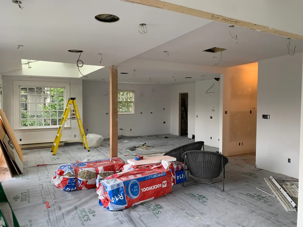 Open-plan great room before painting
